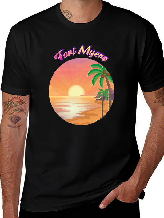 Font Myens Sunset Graphic Tee - Tropical Beach T-Shirt