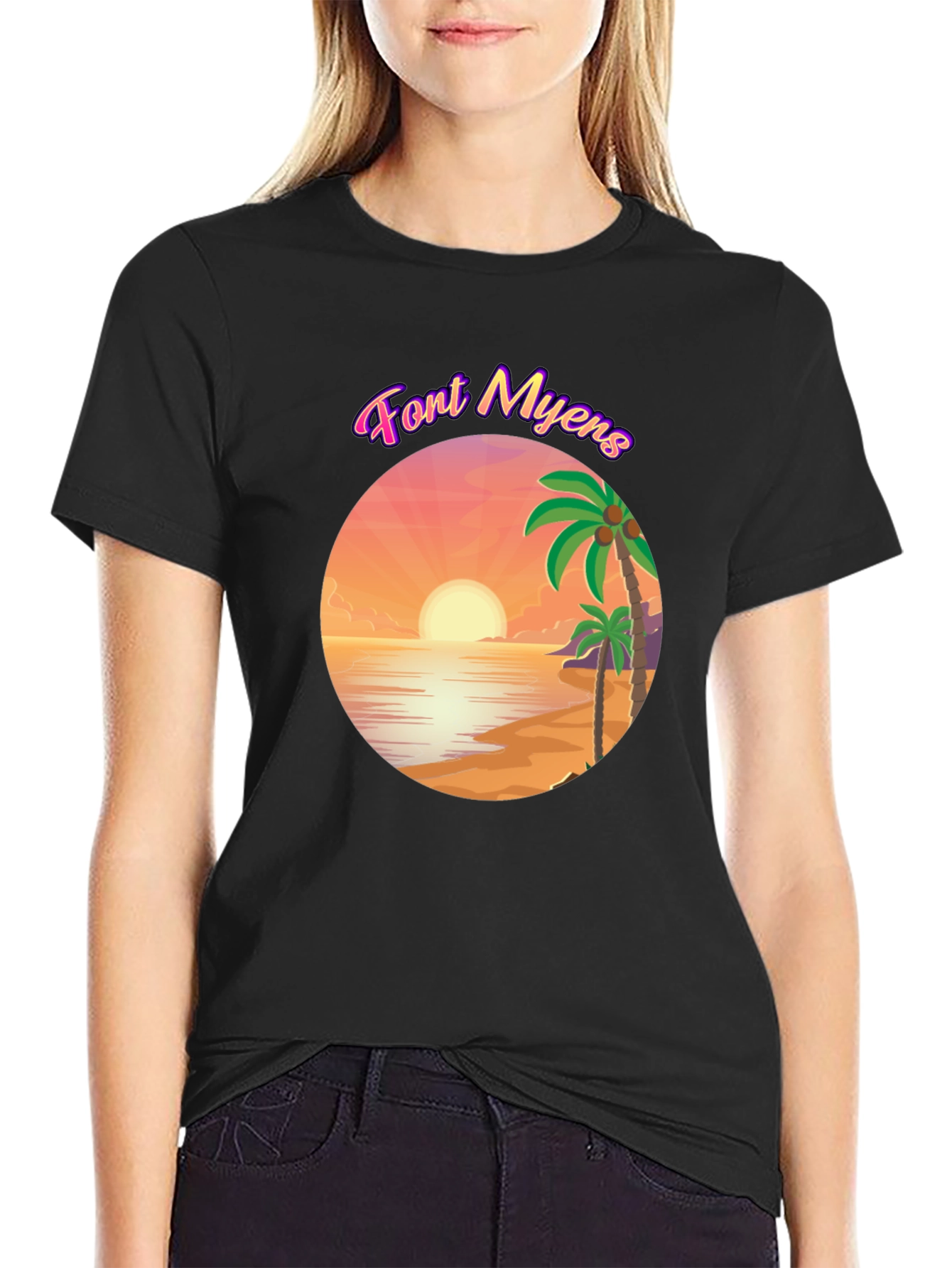 Font Myens Sunset Graphic Tee - Tropical Beach T-Shirt