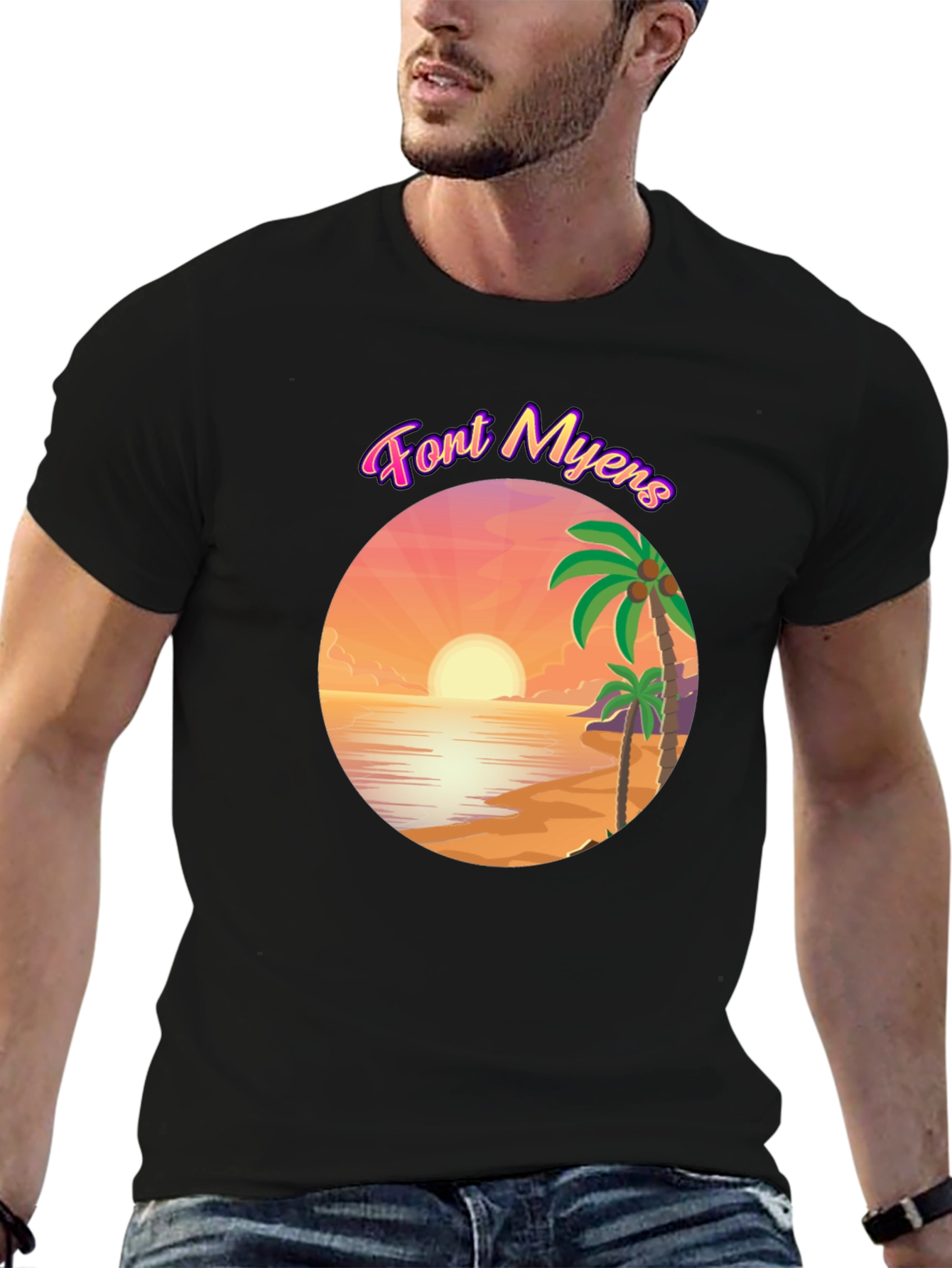 Font Myens Sunset Graphic Tee - Tropical Beach T-Shirt