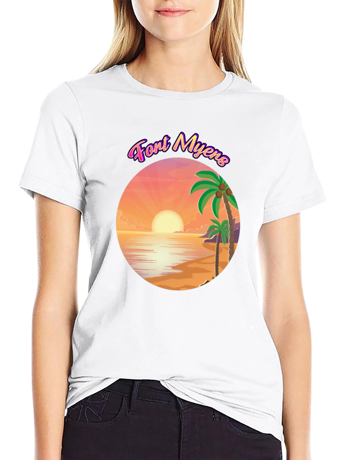 Font Myens Sunset Graphic Tee - Tropical Beach T-Shirt