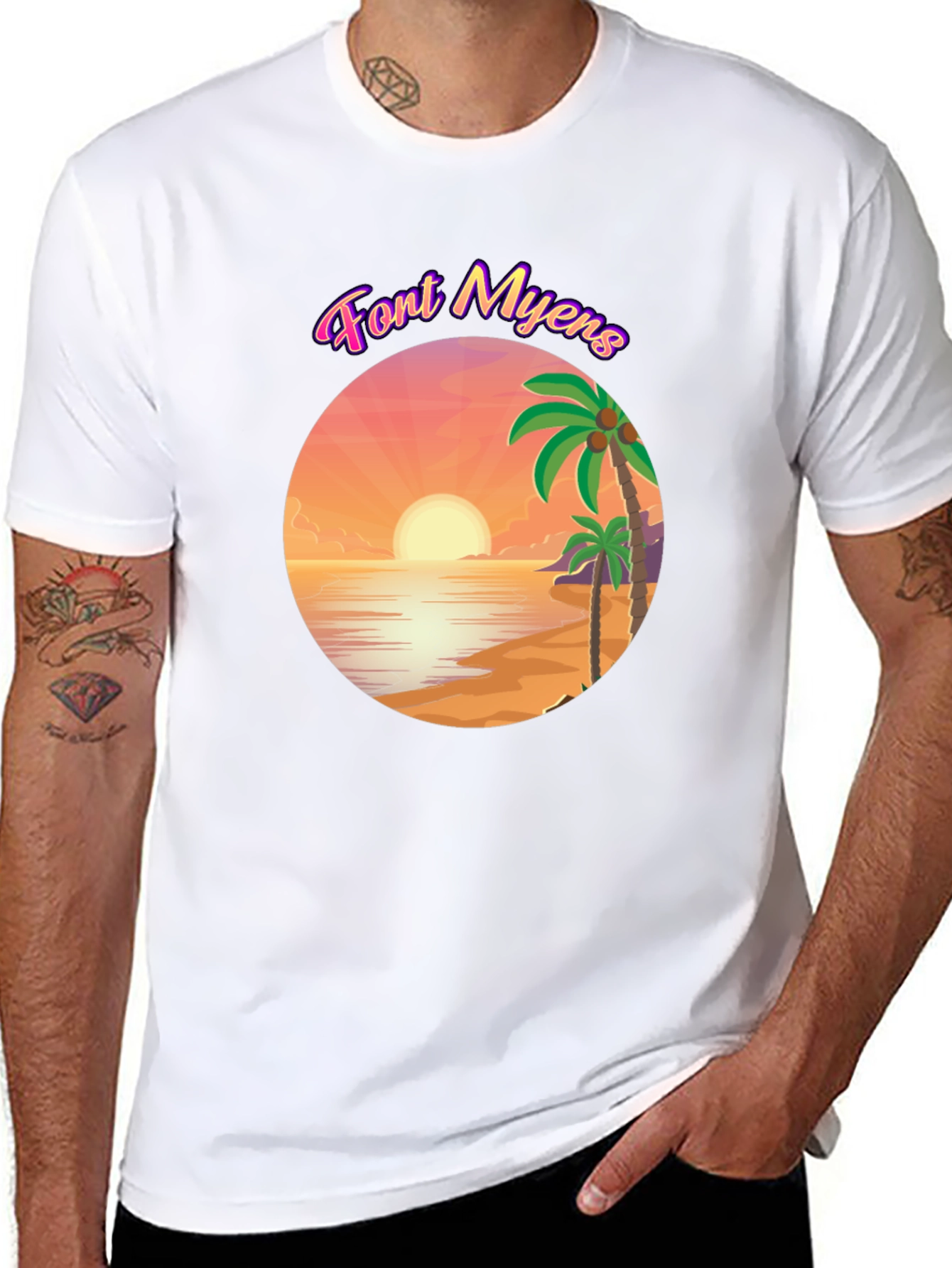 Font Myens Sunset Graphic Tee - Tropical Beach T-Shirt