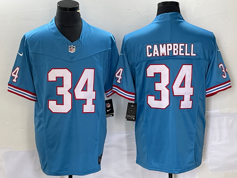 Men's Tennessee Titans Earl Campbell #34 Light Blue Oilers Throwback Retired Player Game Jerseys