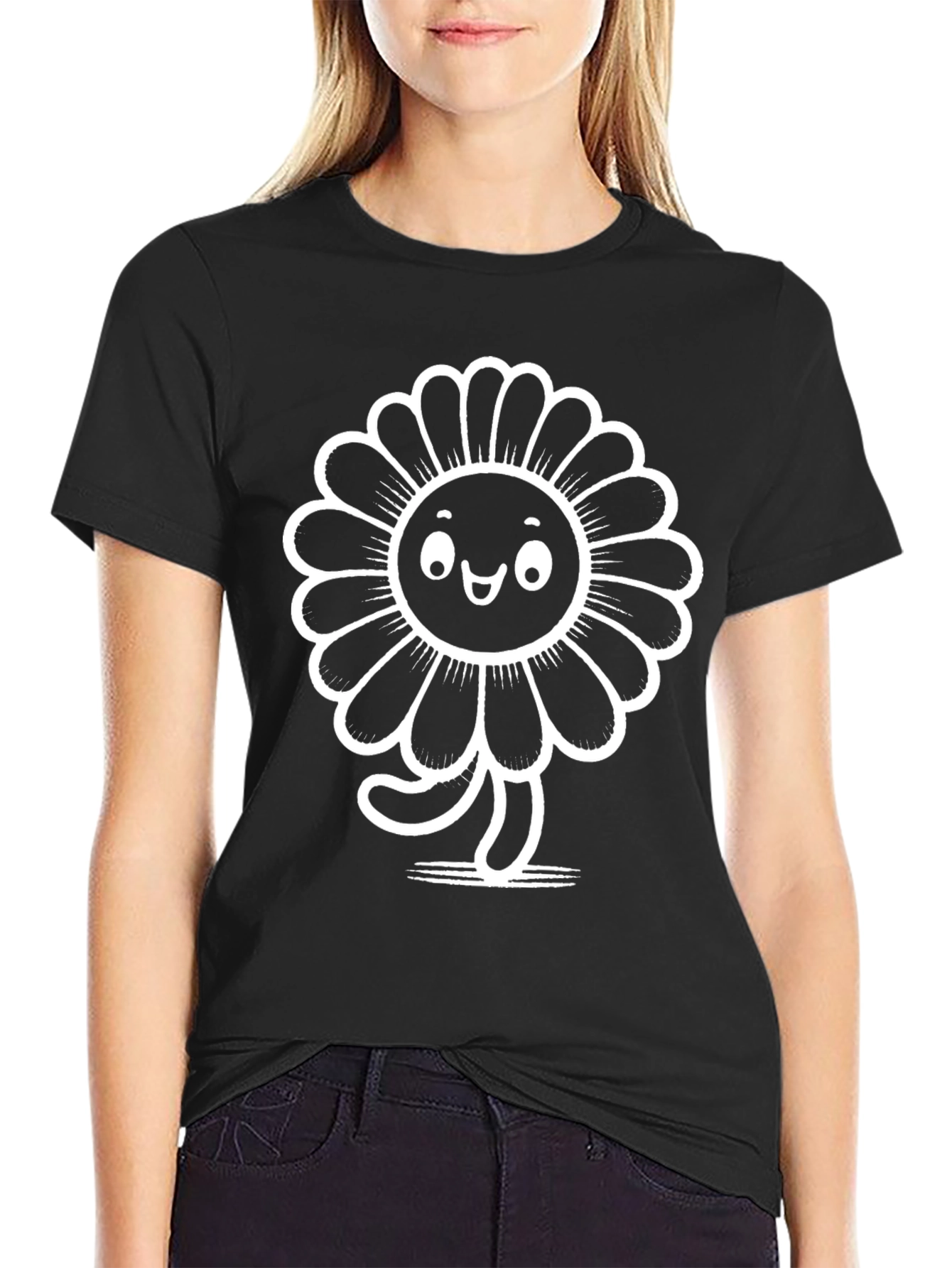 Funky Flower Graphic Tee - Black Cotton T-Shirt