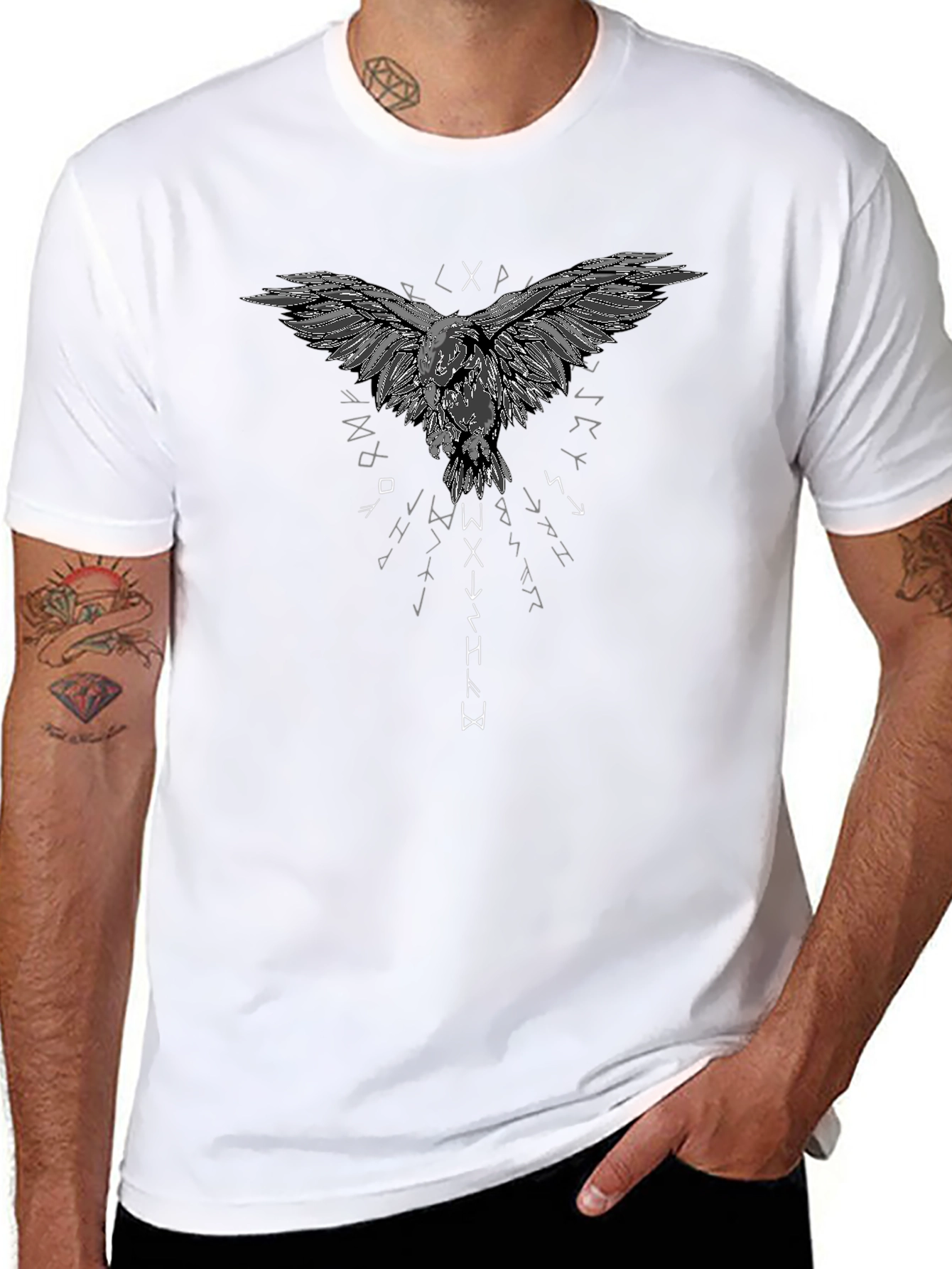 Raven Graphic T-Shirt - Viking Runes Design