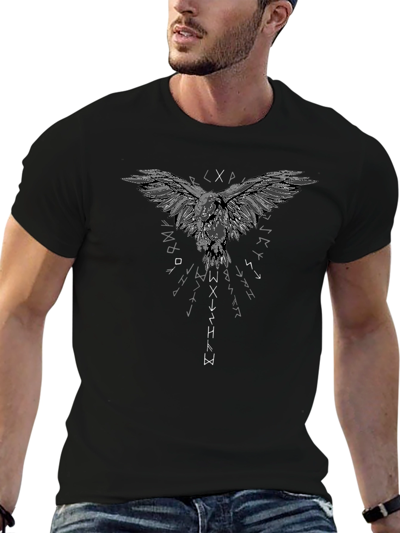 Raven Graphic T-Shirt - Viking Runes Design