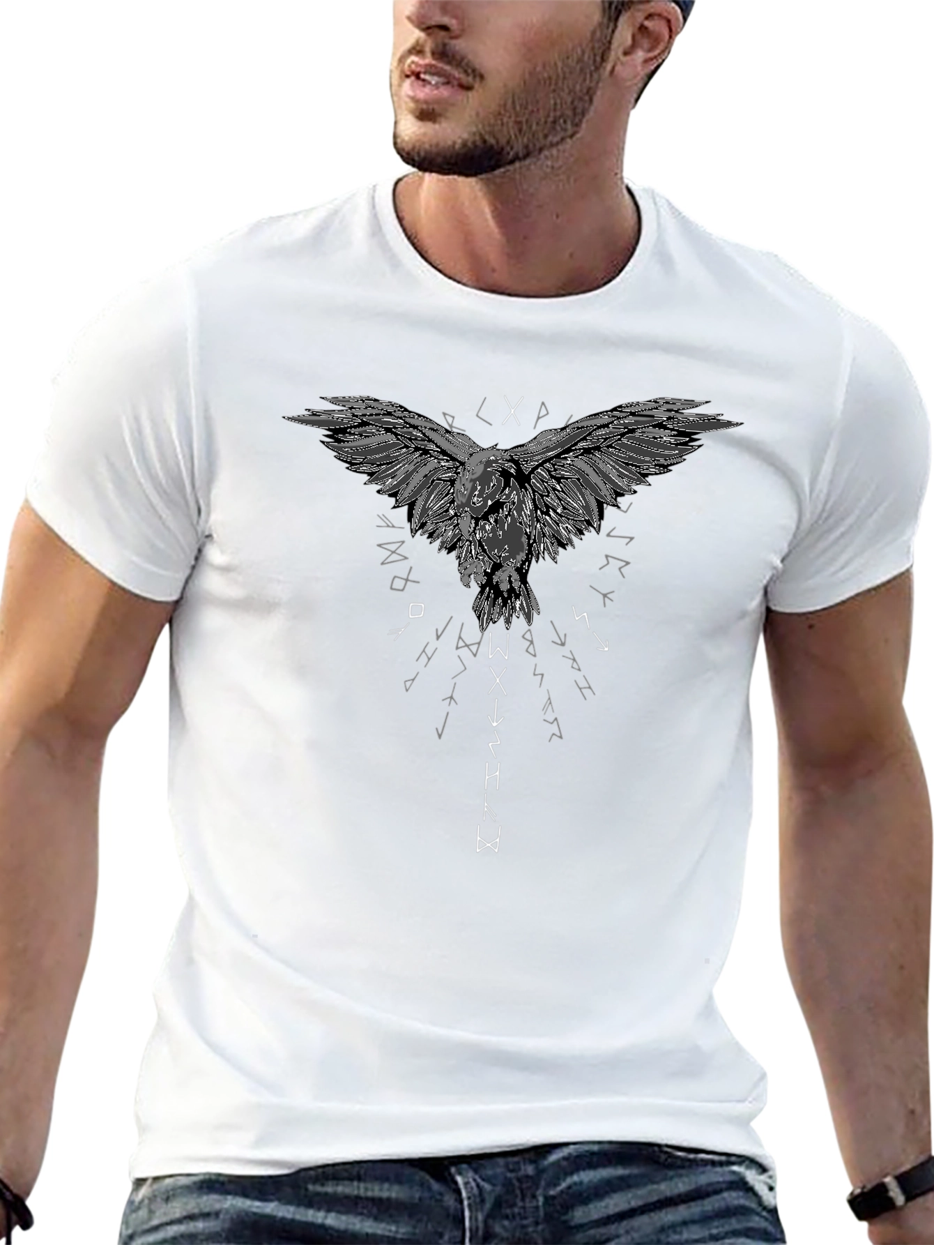 Raven Graphic T-Shirt - Viking Runes Design