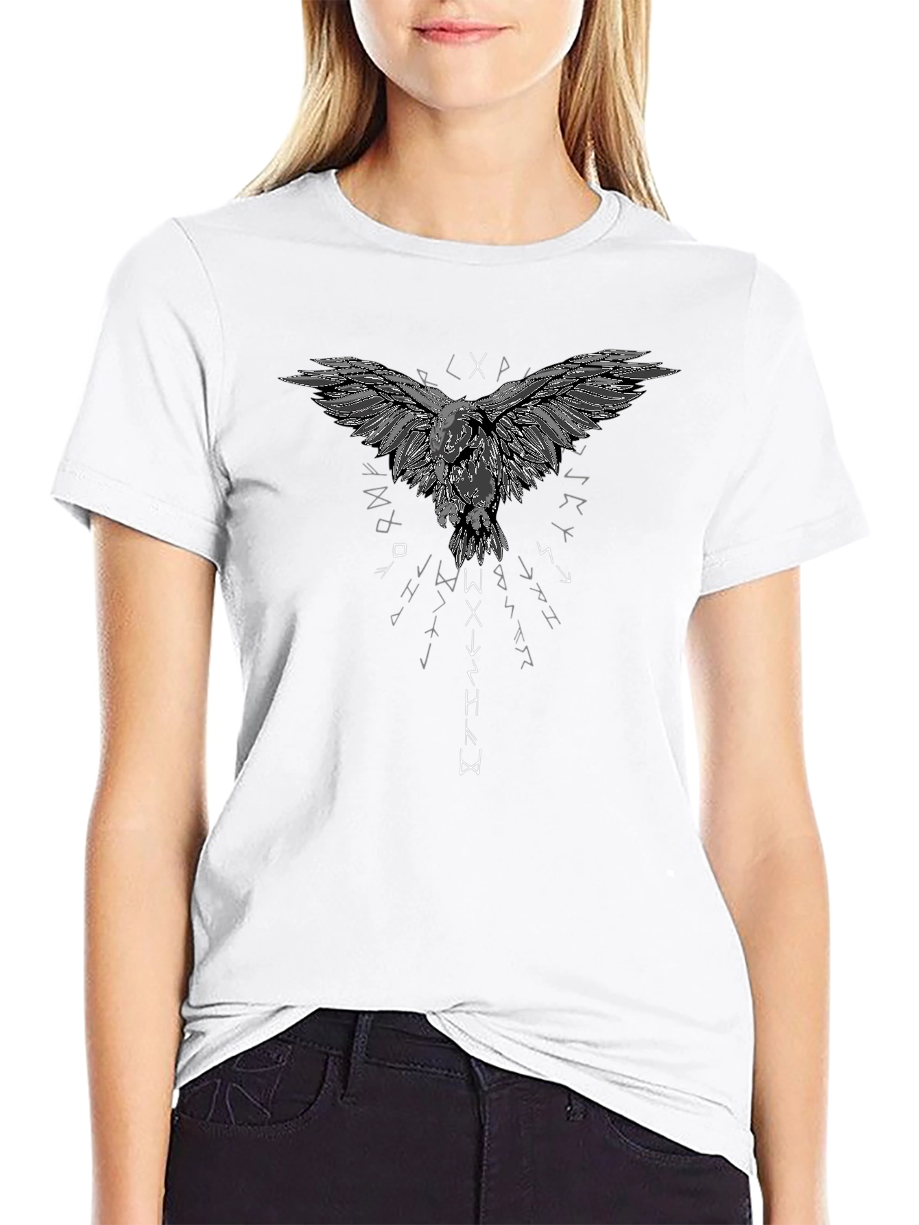 Raven Graphic T-Shirt - Viking Runes Design