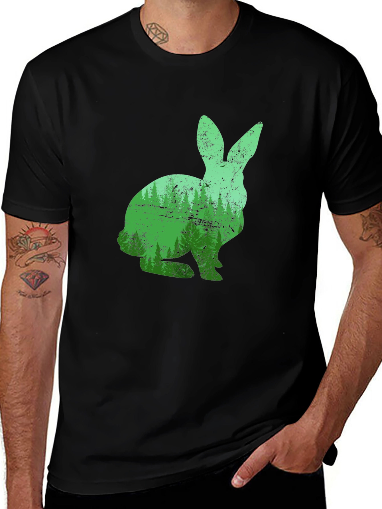 Nature Rabbit Graphic Tee - Black Cotton Shirt