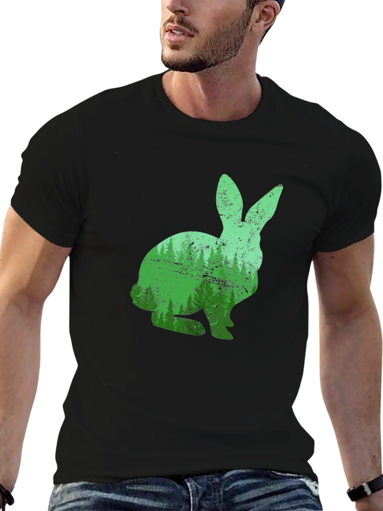 Nature Rabbit Graphic Tee - Black Cotton Shirt