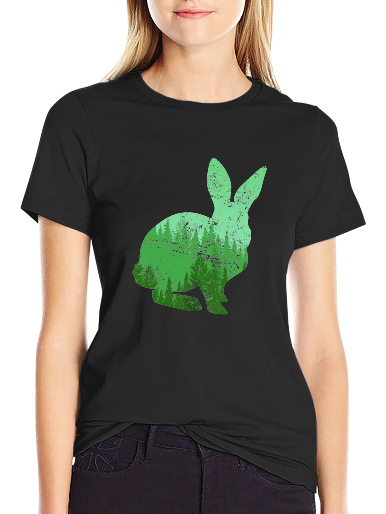 Nature Rabbit Graphic Tee - Black Cotton Shirt