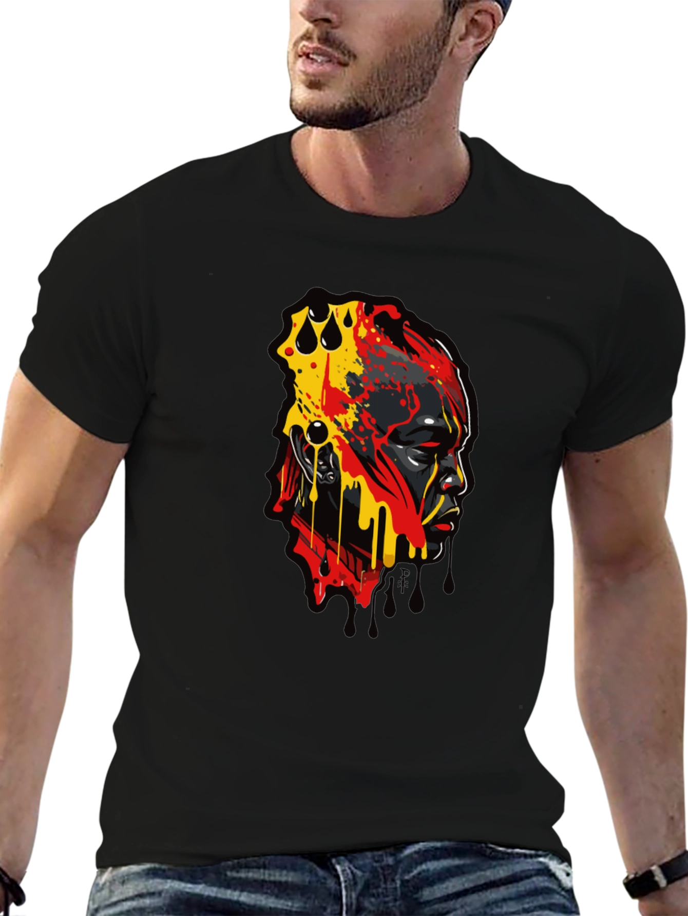 Abstract Face Graphic Print Black T-Shirt