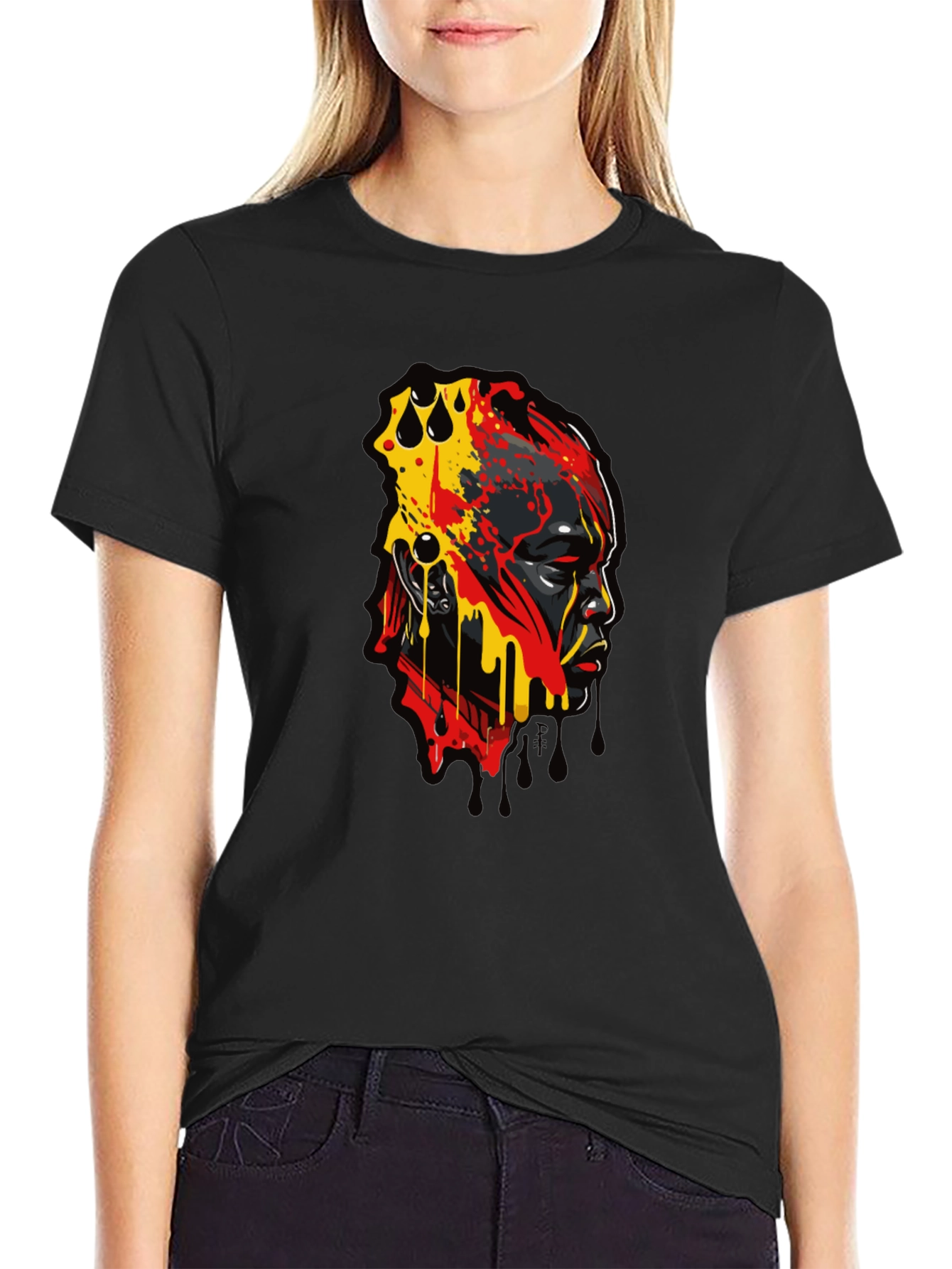 Abstract Face Graphic Print Black T-Shirt