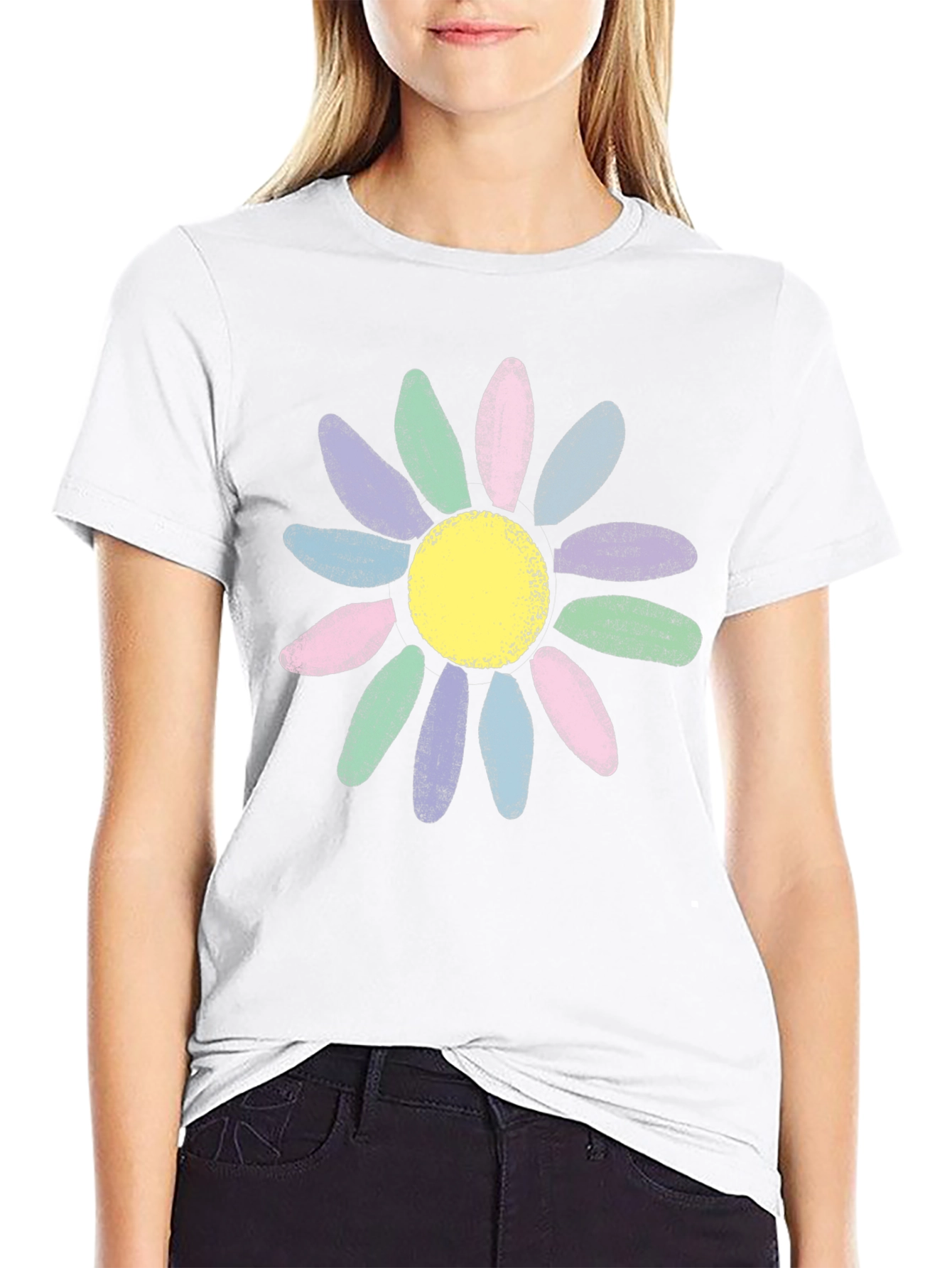 Pastel Daisy Graphic Black T-Shirt