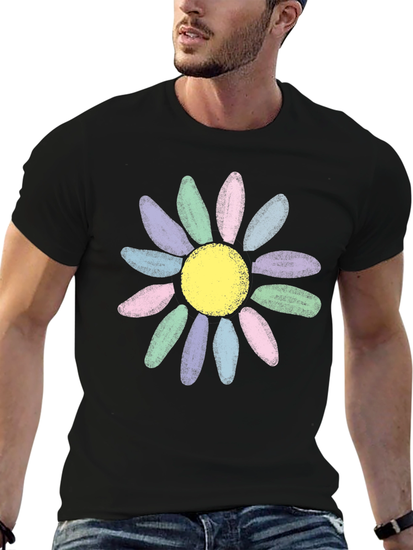 Pastel Daisy Graphic Black T-Shirt