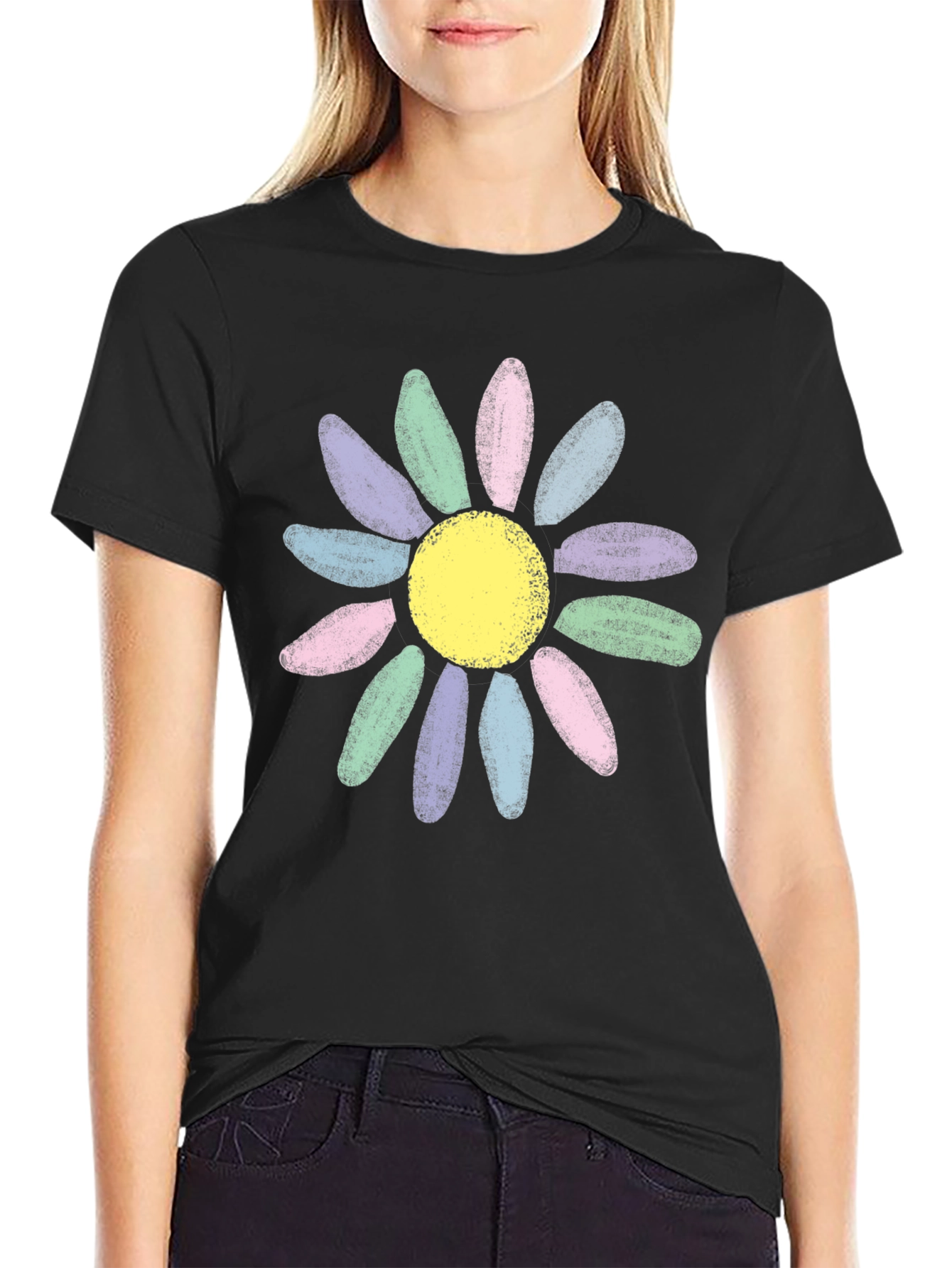 Pastel Daisy Graphic Black T-Shirt