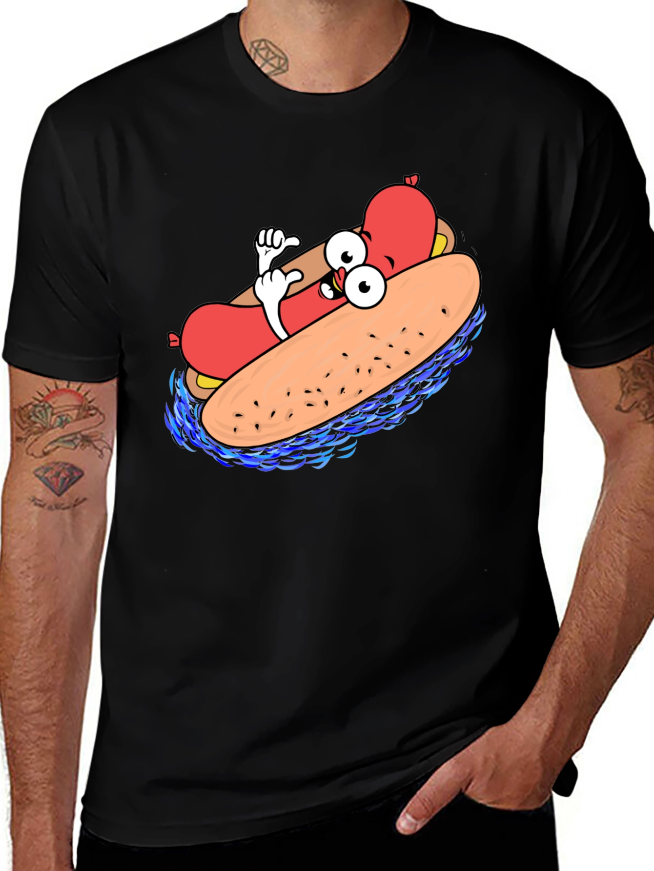 Cool Cartoon Hotdog Black T-Shirt