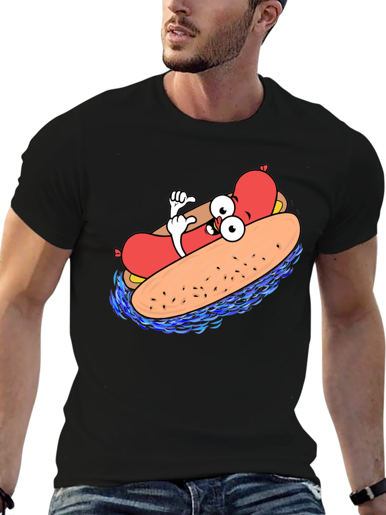 Cool Cartoon Hotdog Black T-Shirt
