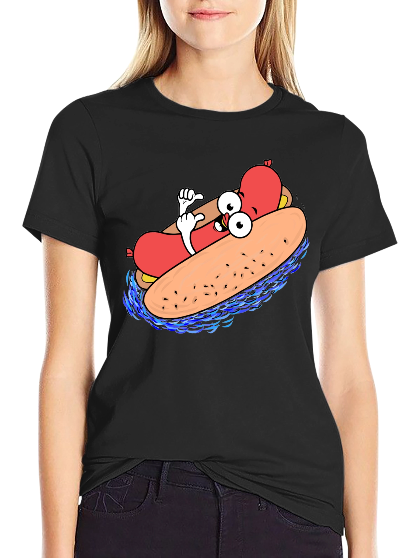 Cool Cartoon Hotdog Black T-Shirt