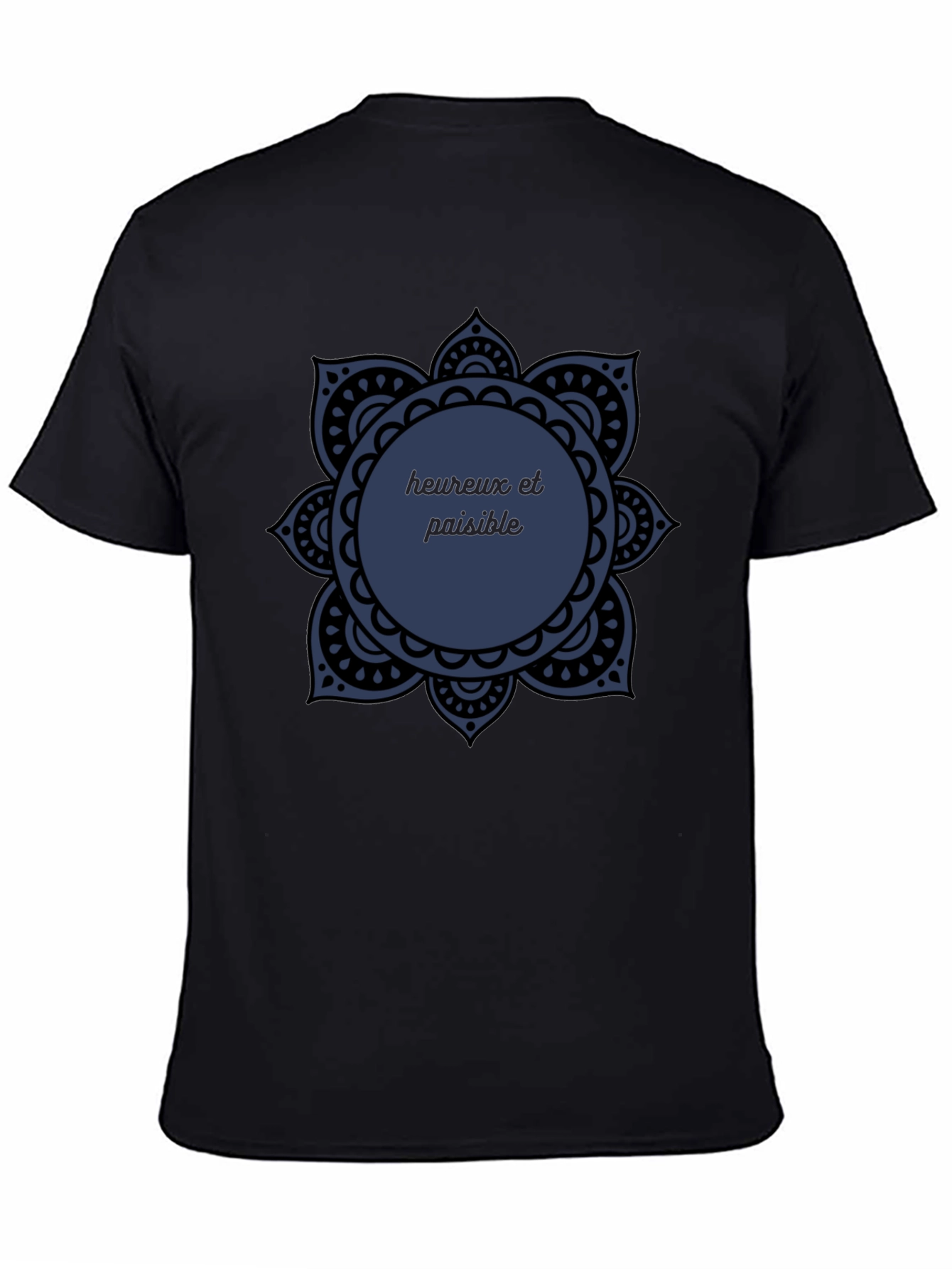 Black T-Shirt with Mandala Heureux et Paisible Design