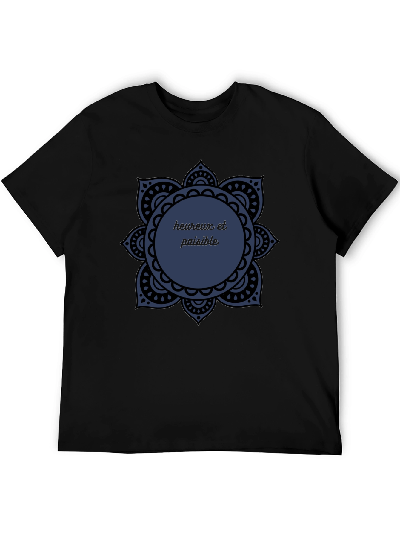 Black T-Shirt with Mandala Heureux et Paisible Design