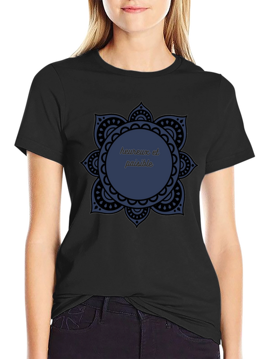 Black T-Shirt with Mandala Heureux et Paisible Design