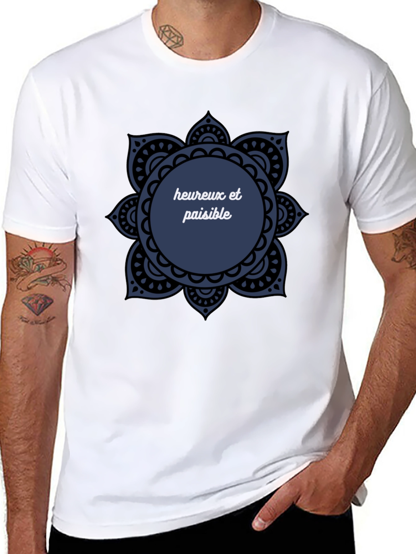 Black T-Shirt with Mandala Heureux et Paisible Design