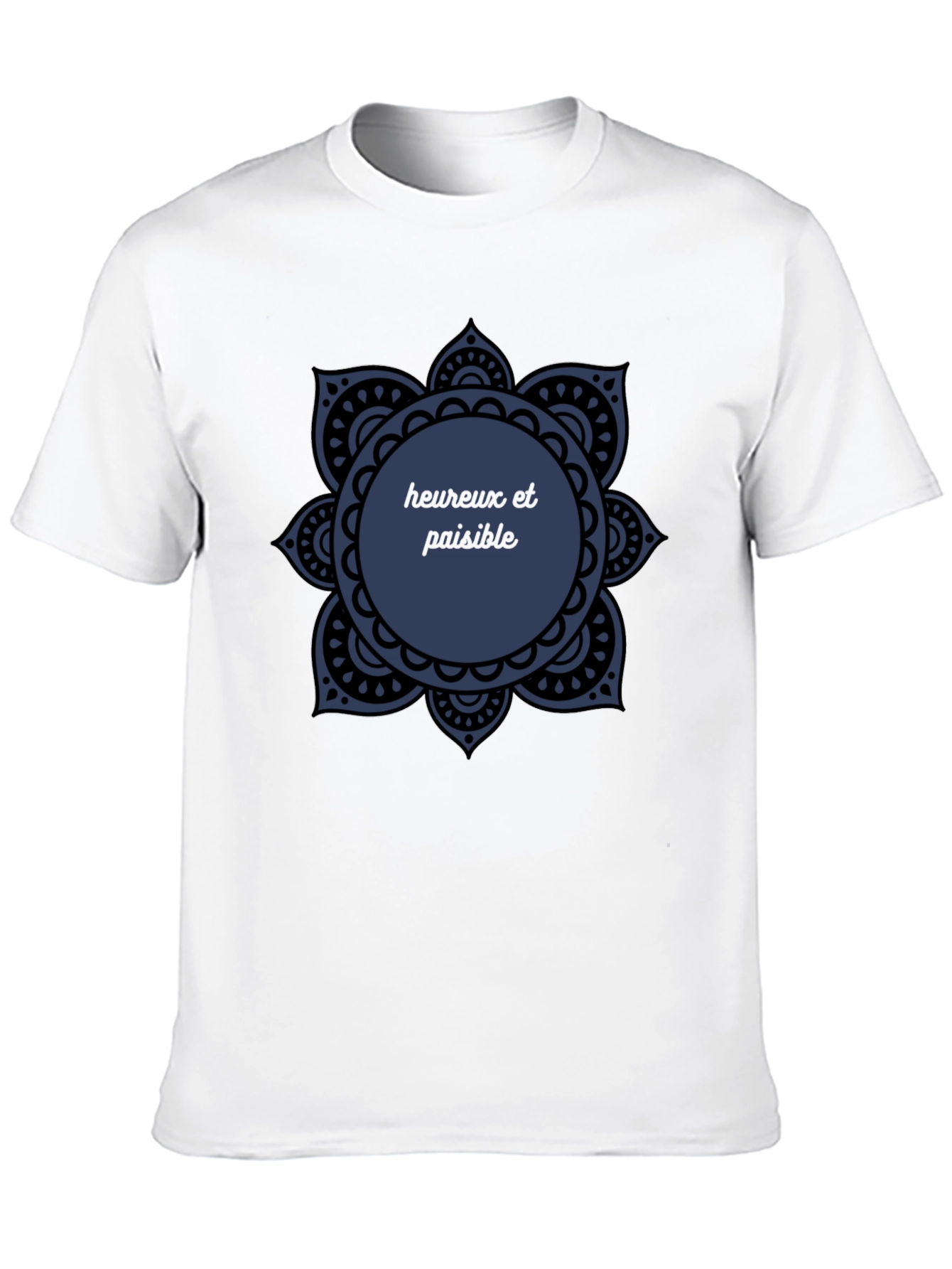Black T-Shirt with Mandala Heureux et Paisible Design