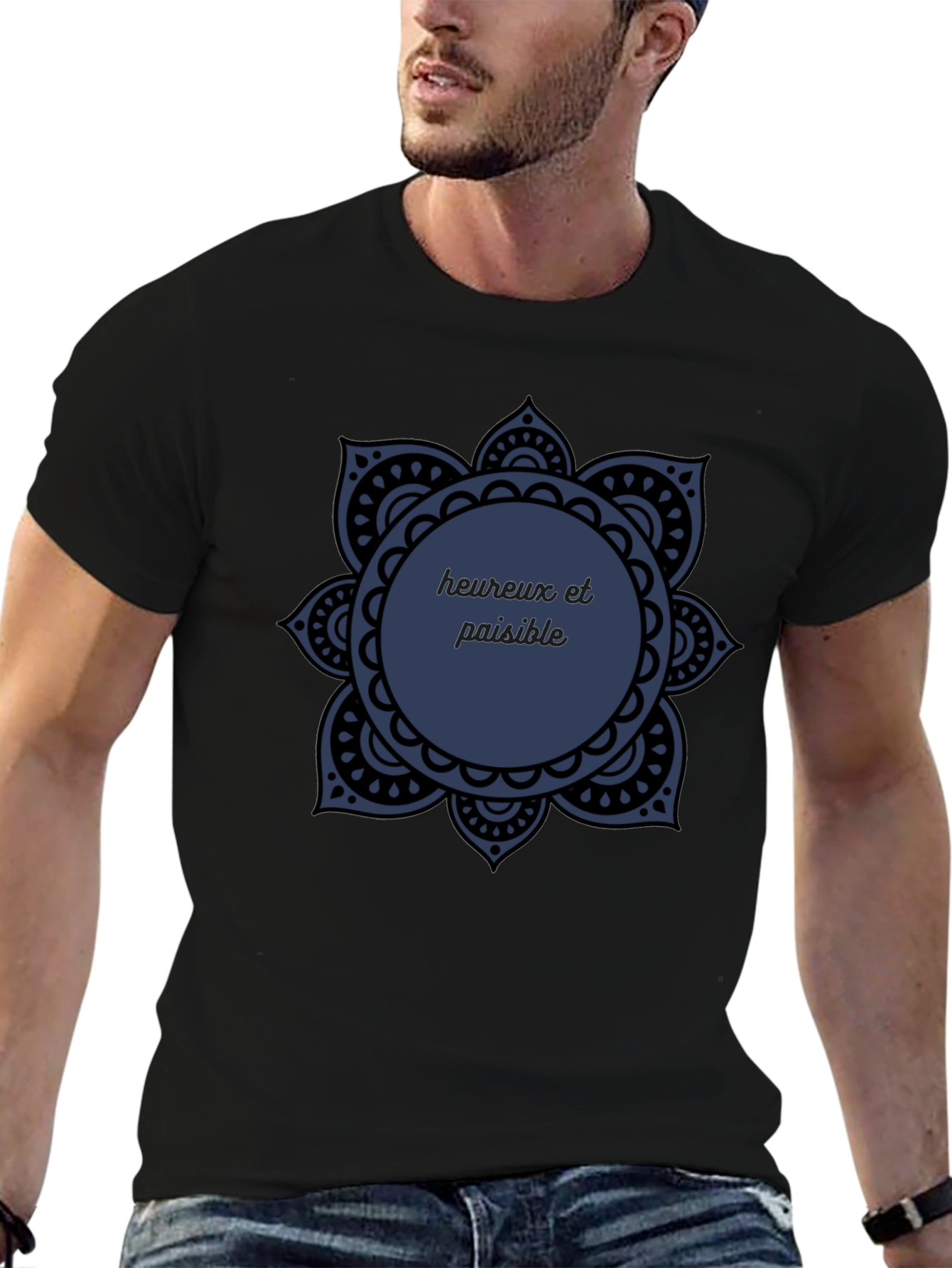 Black T-Shirt with Mandala Heureux et Paisible Design