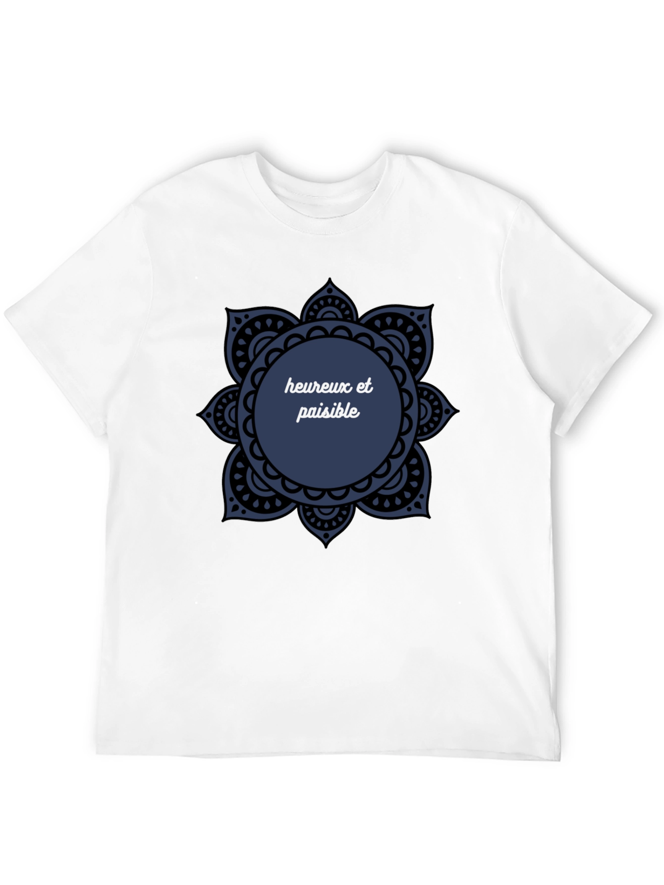 Black T-Shirt with Mandala Heureux et Paisible Design