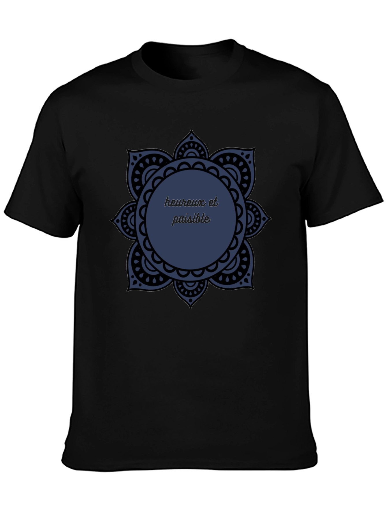 Black T-Shirt with Mandala Heureux et Paisible Design