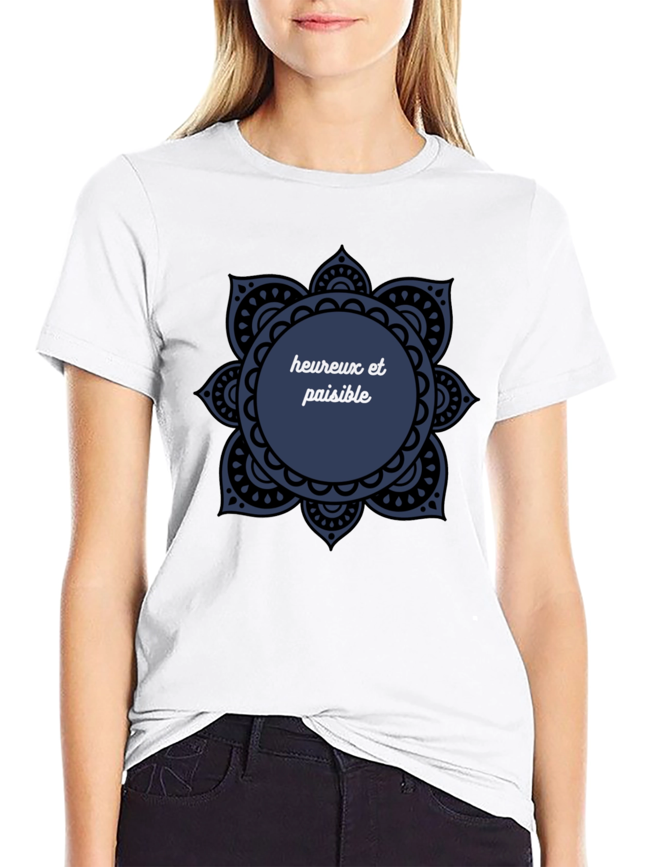 Black T-Shirt with Mandala Heureux et Paisible Design