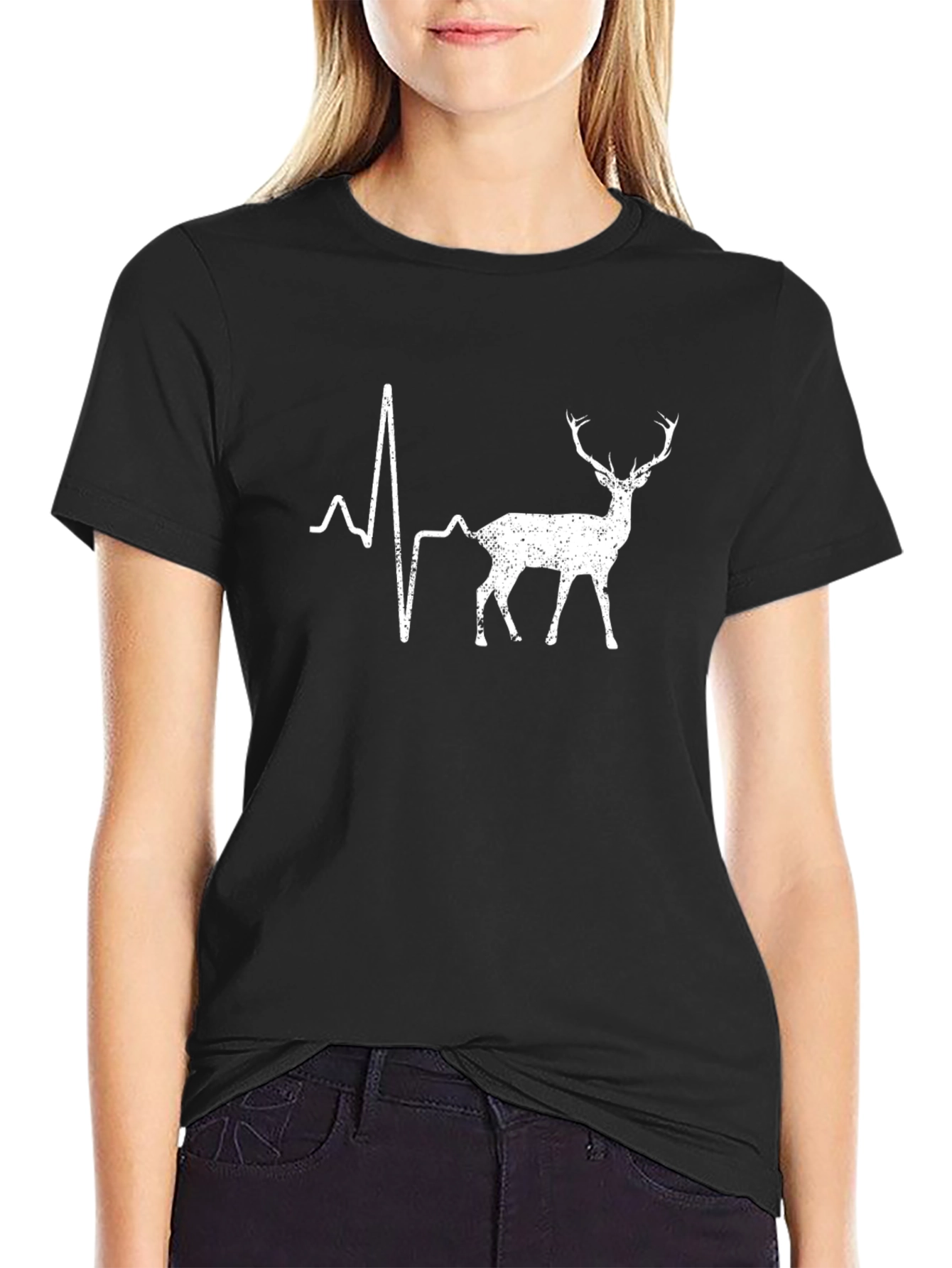 Deer Heartbeat Graphic Tee - Black Cotton T-Shirt