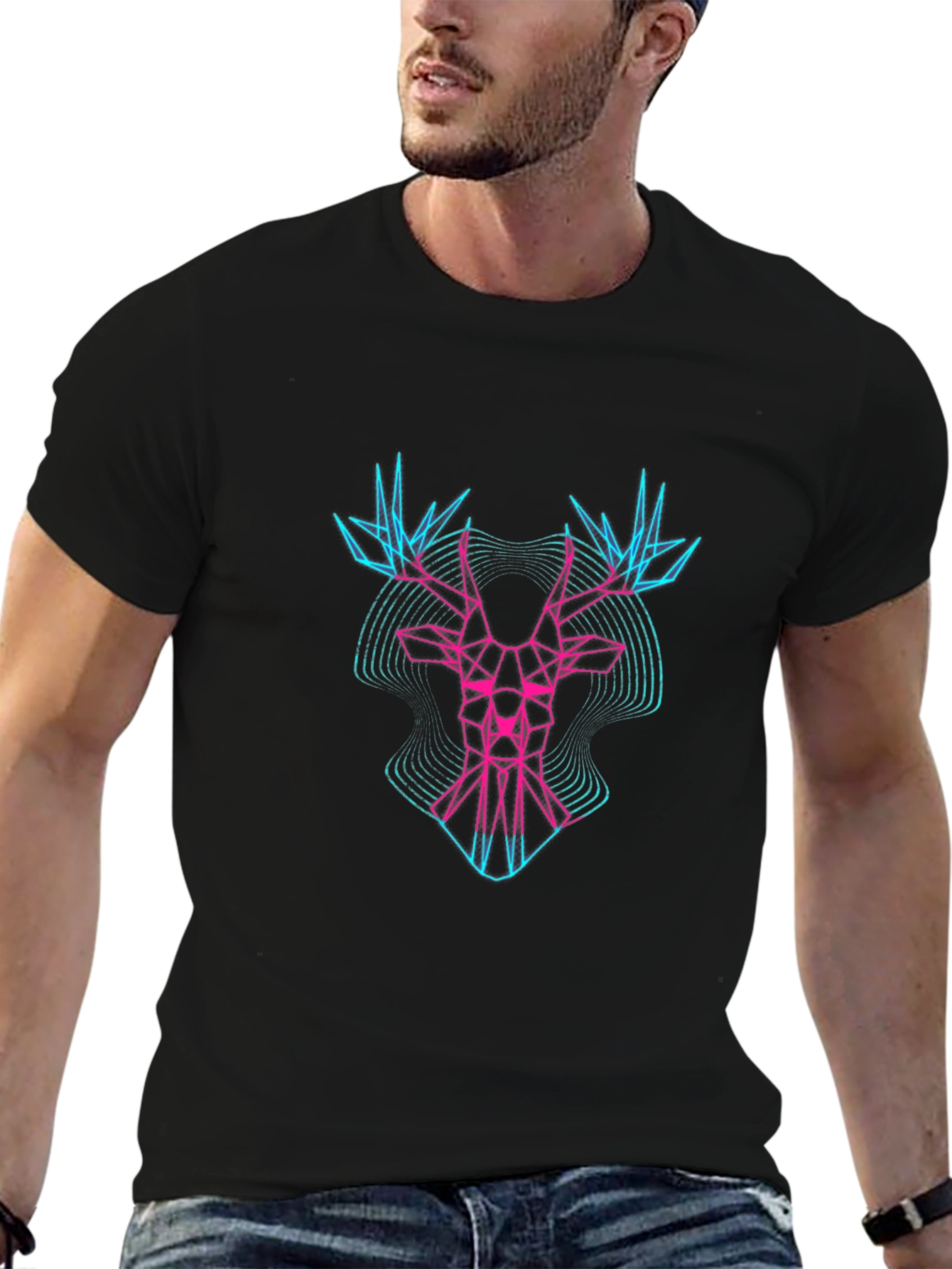 Geometric Deer Graphic Print Mens Black T-Shirt