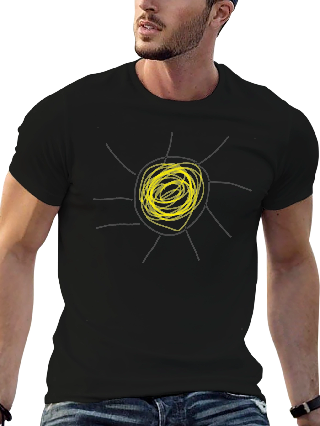 Abstract Sun Graphic Tee - Black Cotton Casual T-Shirt