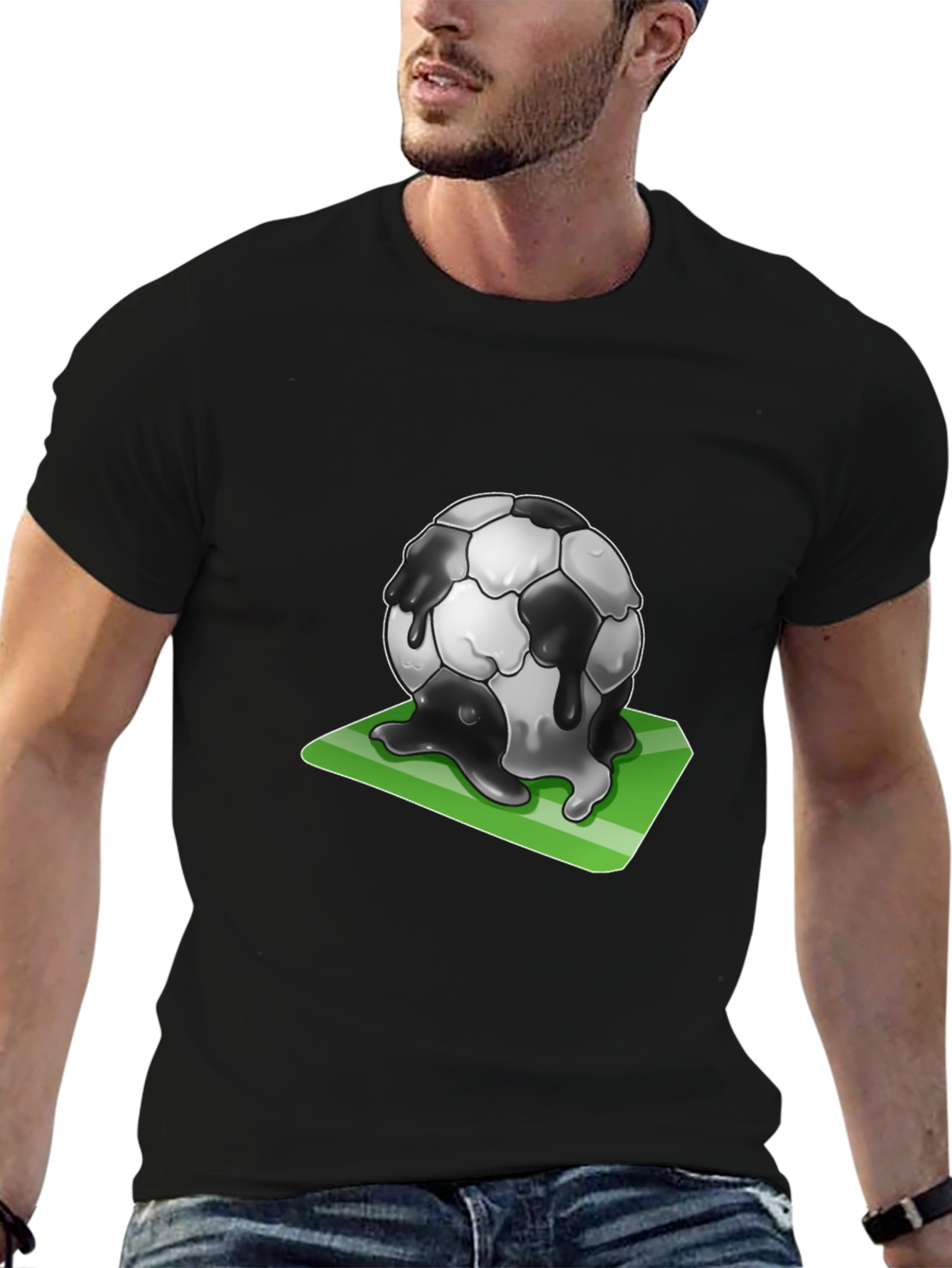 Melting Soccer Ball Graphic Tee - Black Cotton T-Shirt