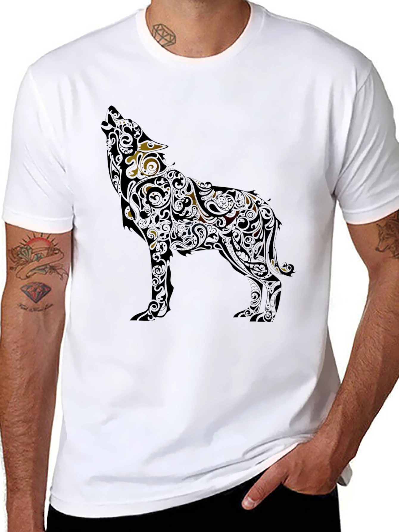 Wolf Patterned Graphic T-Shirt - Black