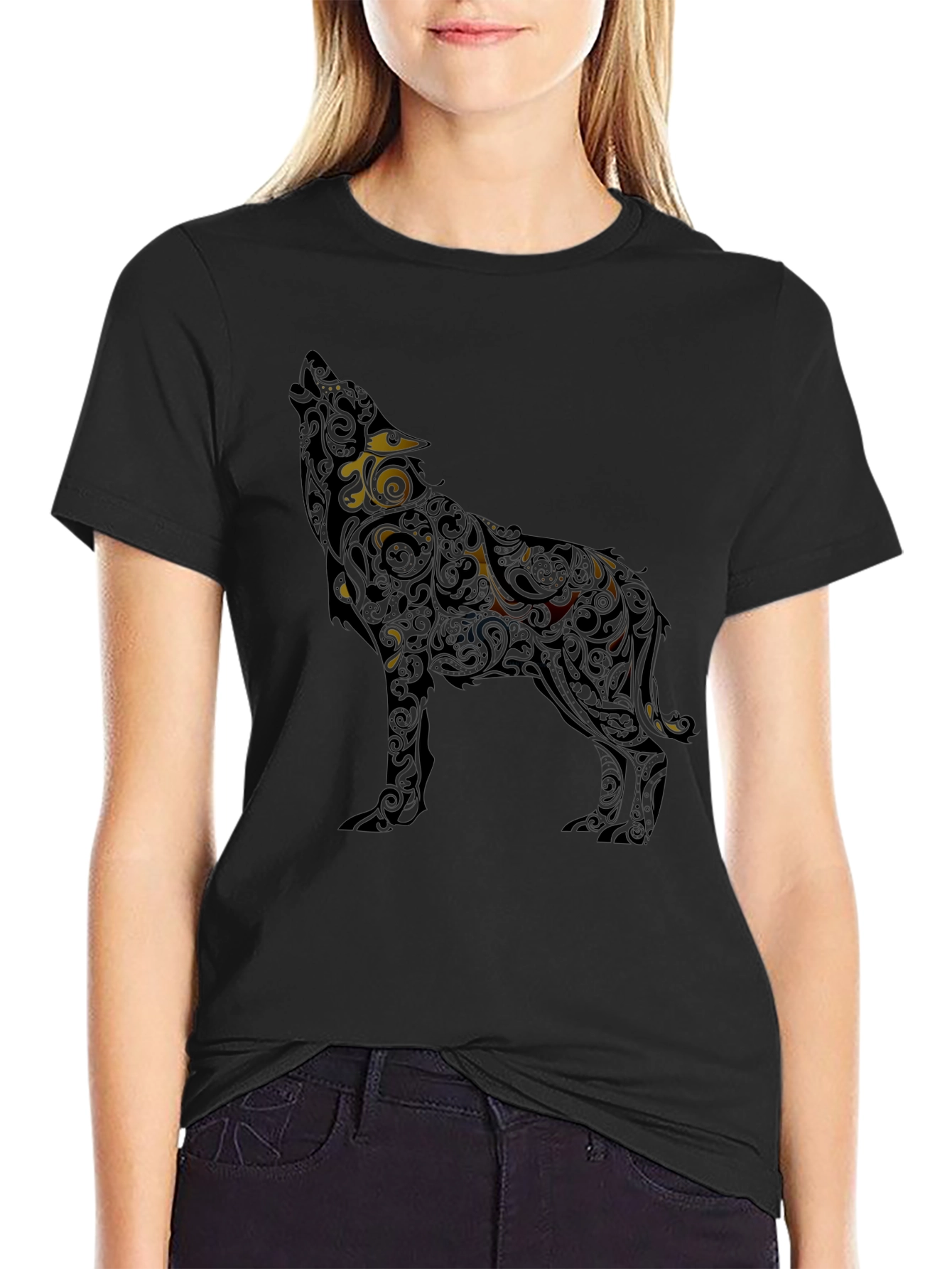 Wolf Patterned Graphic T-Shirt - Black