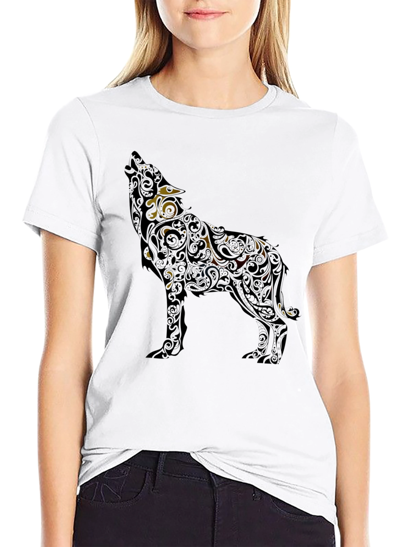 Wolf Patterned Graphic T-Shirt - Black