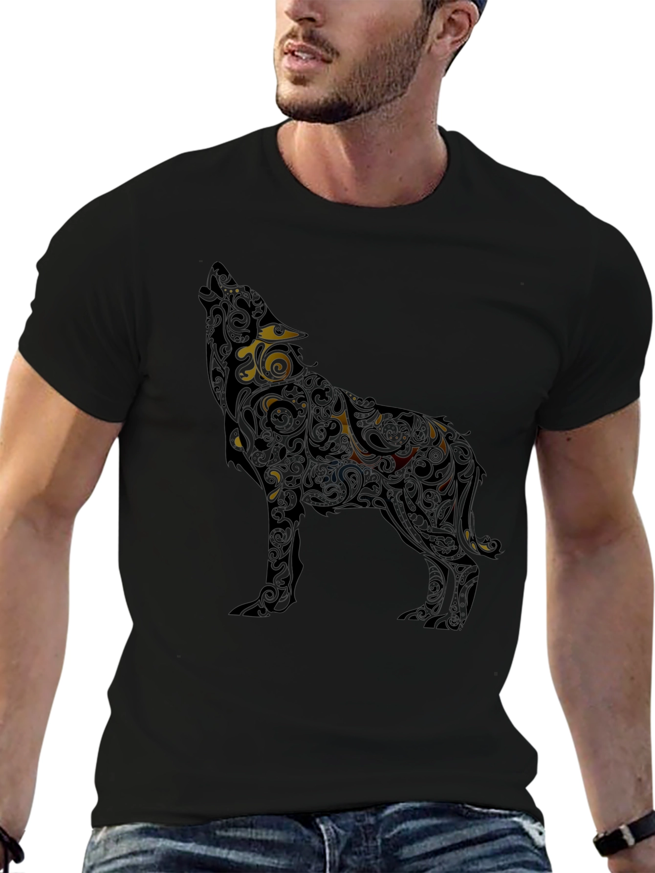 Wolf Patterned Graphic T-Shirt - Black
