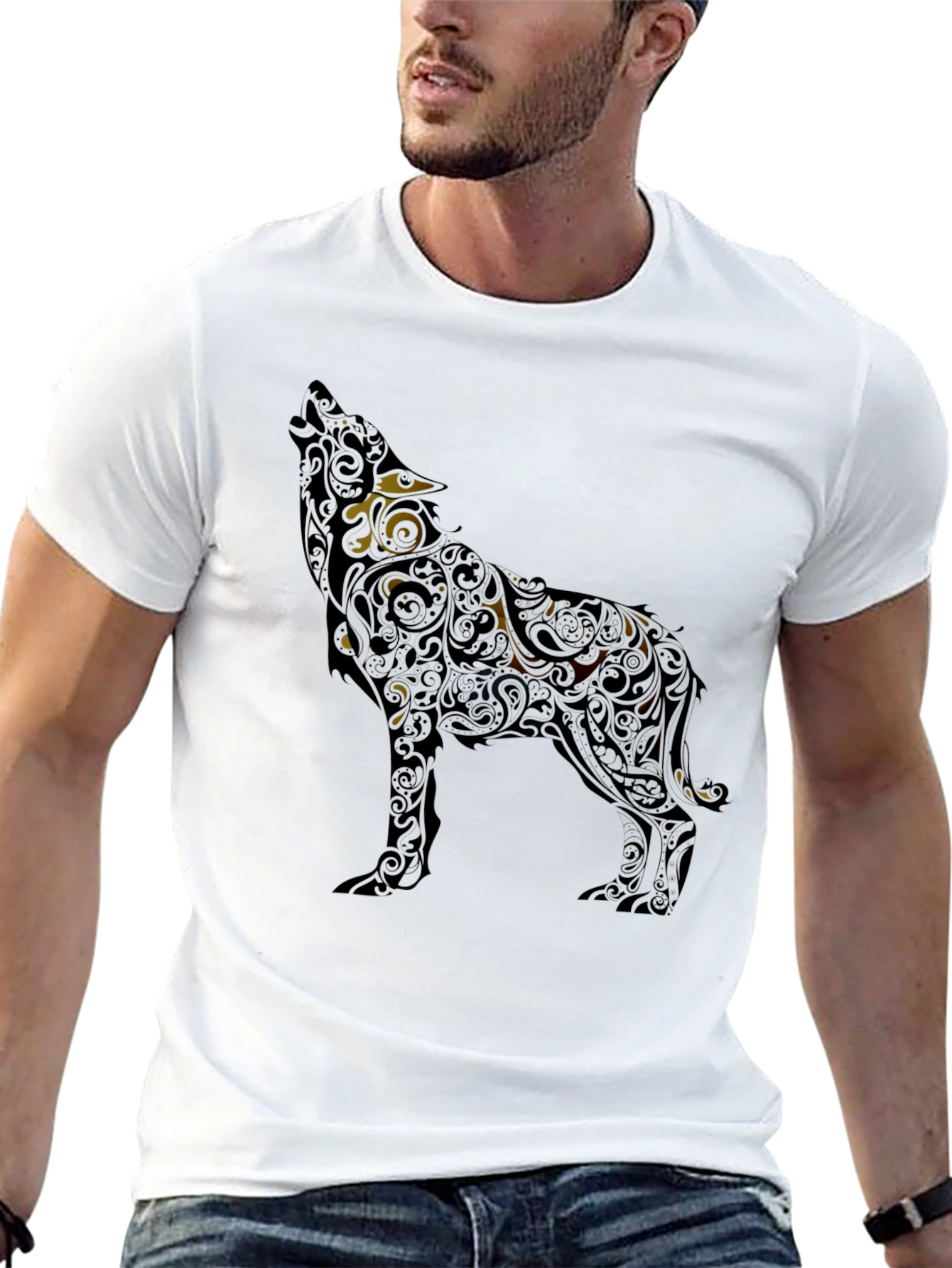 Wolf Patterned Graphic T-Shirt - Black
