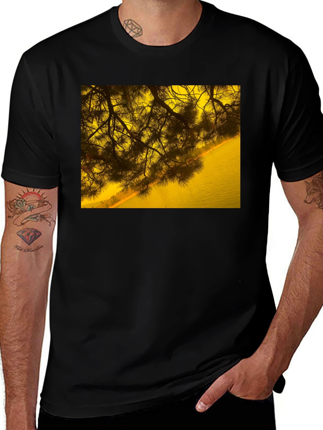 Nature Scene Graphic Tee - Black Cotton T-Shirt
