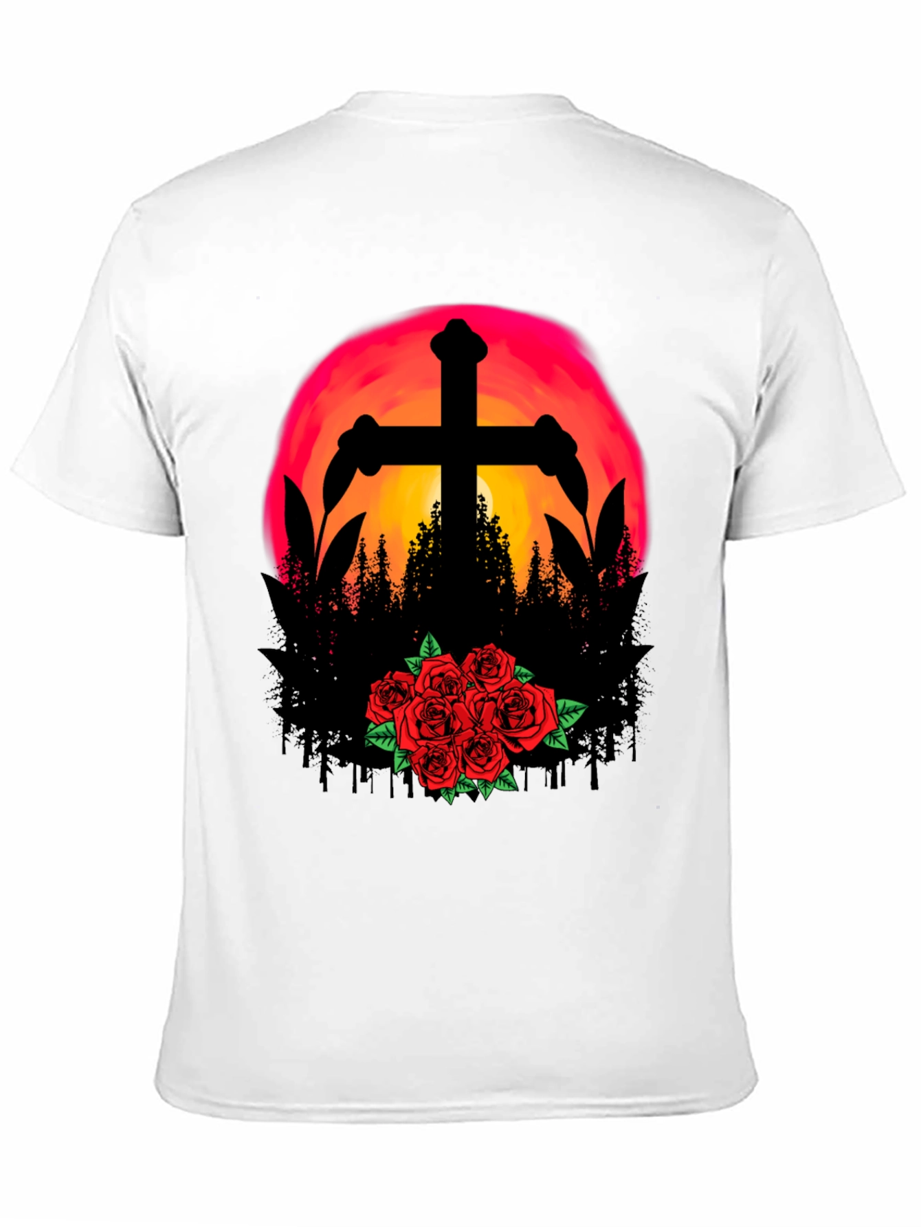 Sunset Cross & Roses Graphic Tee - Black T-Shirt