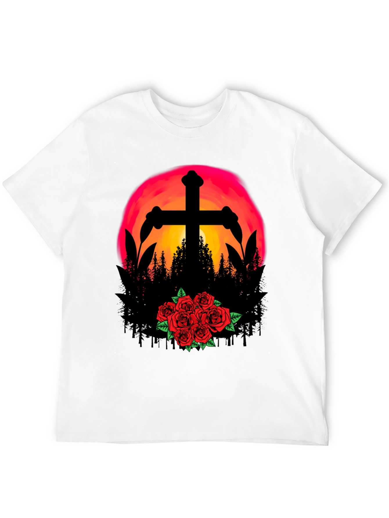Sunset Cross & Roses Graphic Tee - Black T-Shirt