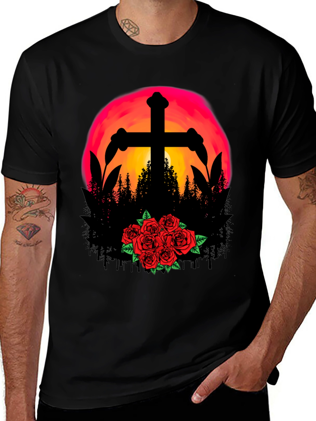 Sunset Cross & Roses Graphic Tee - Black T-Shirt