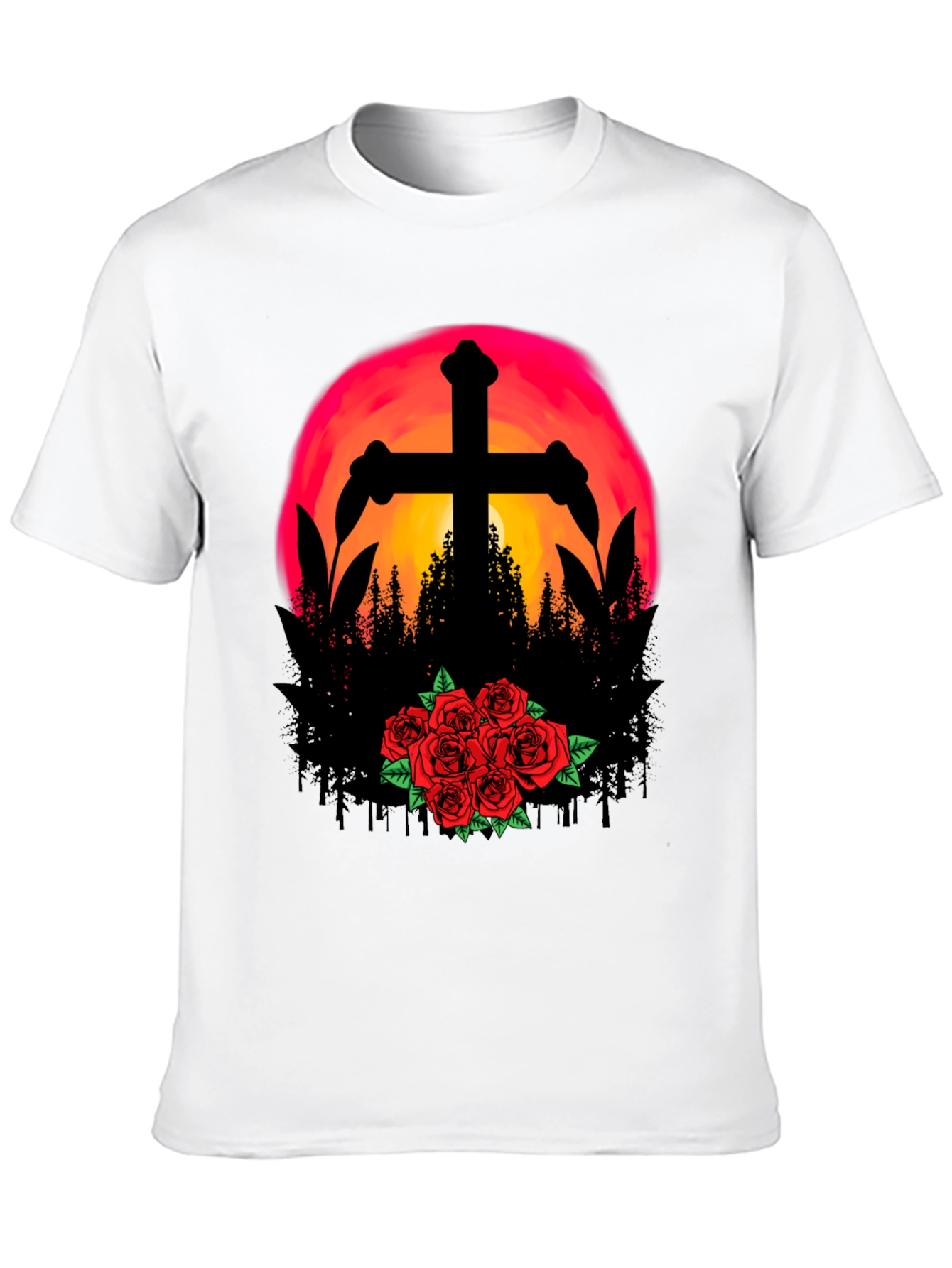 Sunset Cross & Roses Graphic Tee - Black T-Shirt