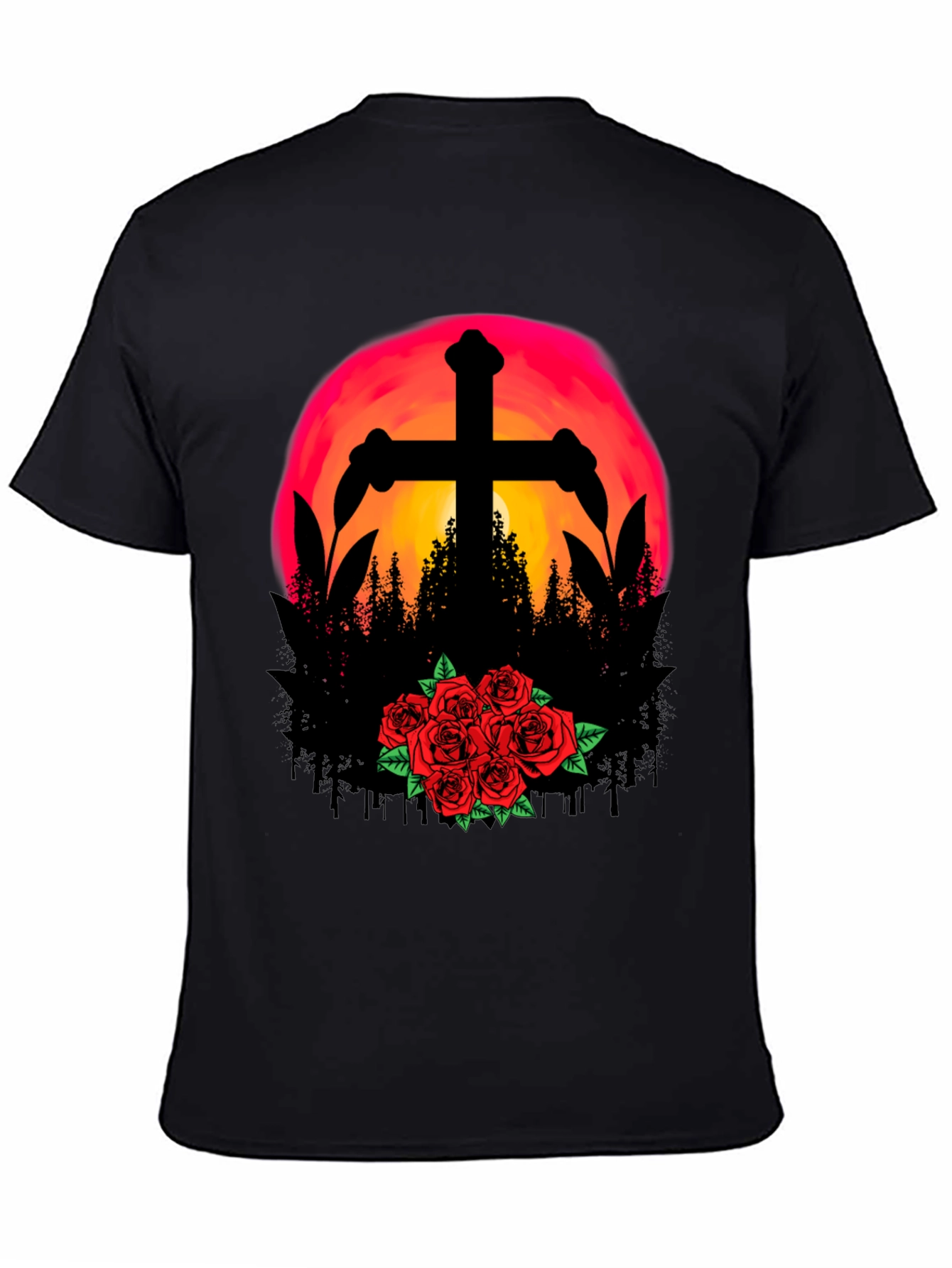 Sunset Cross & Roses Graphic Tee - Black T-Shirt