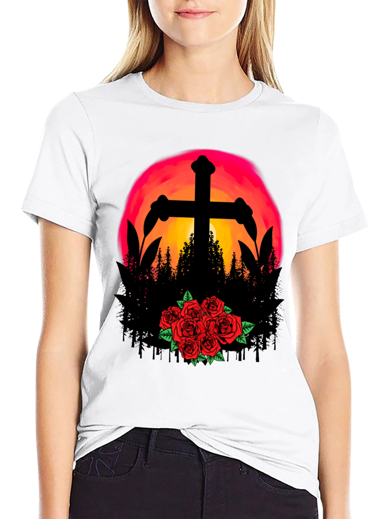 Sunset Cross & Roses Graphic Tee - Black T-Shirt