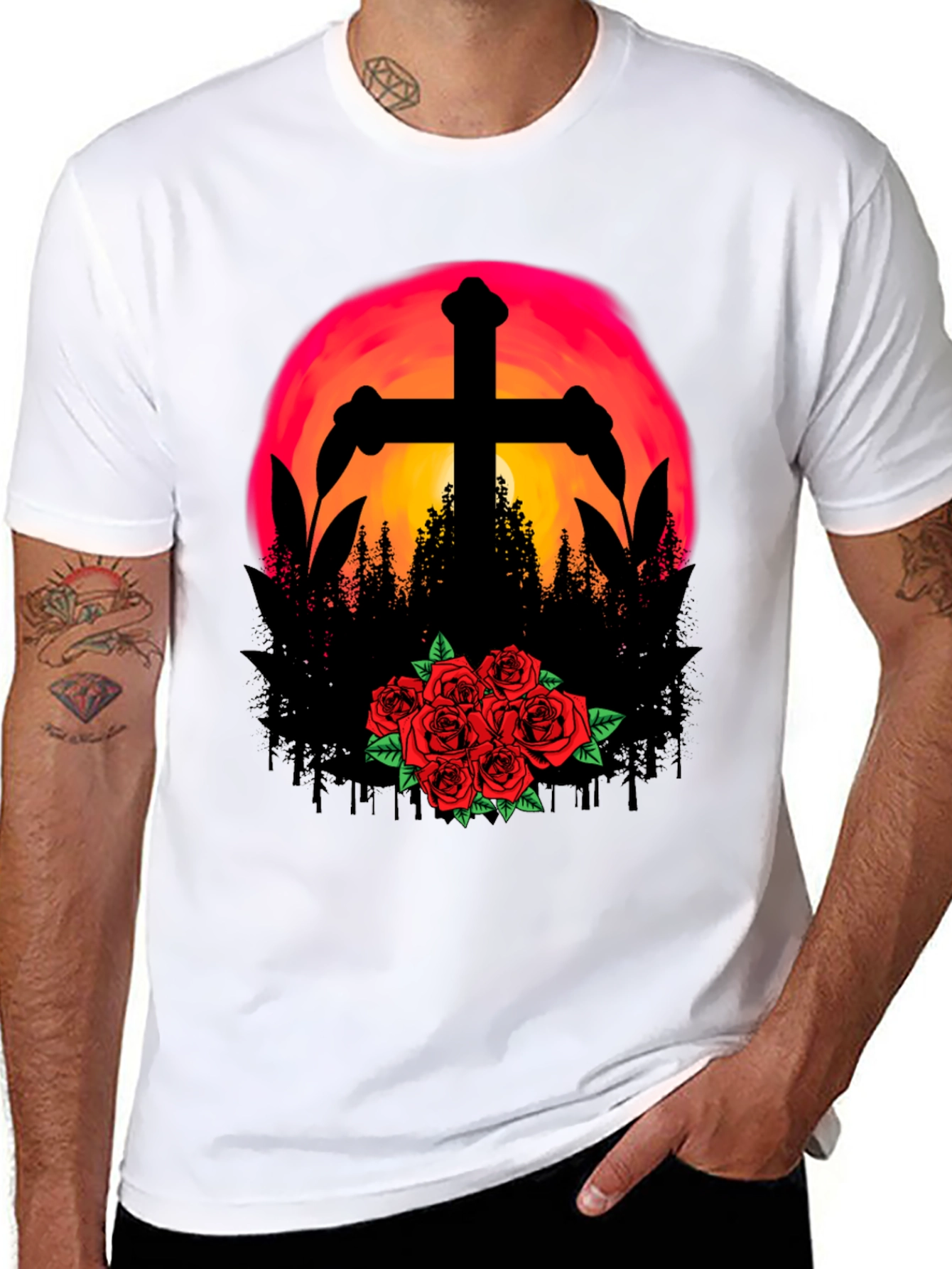 Sunset Cross & Roses Graphic Tee - Black T-Shirt