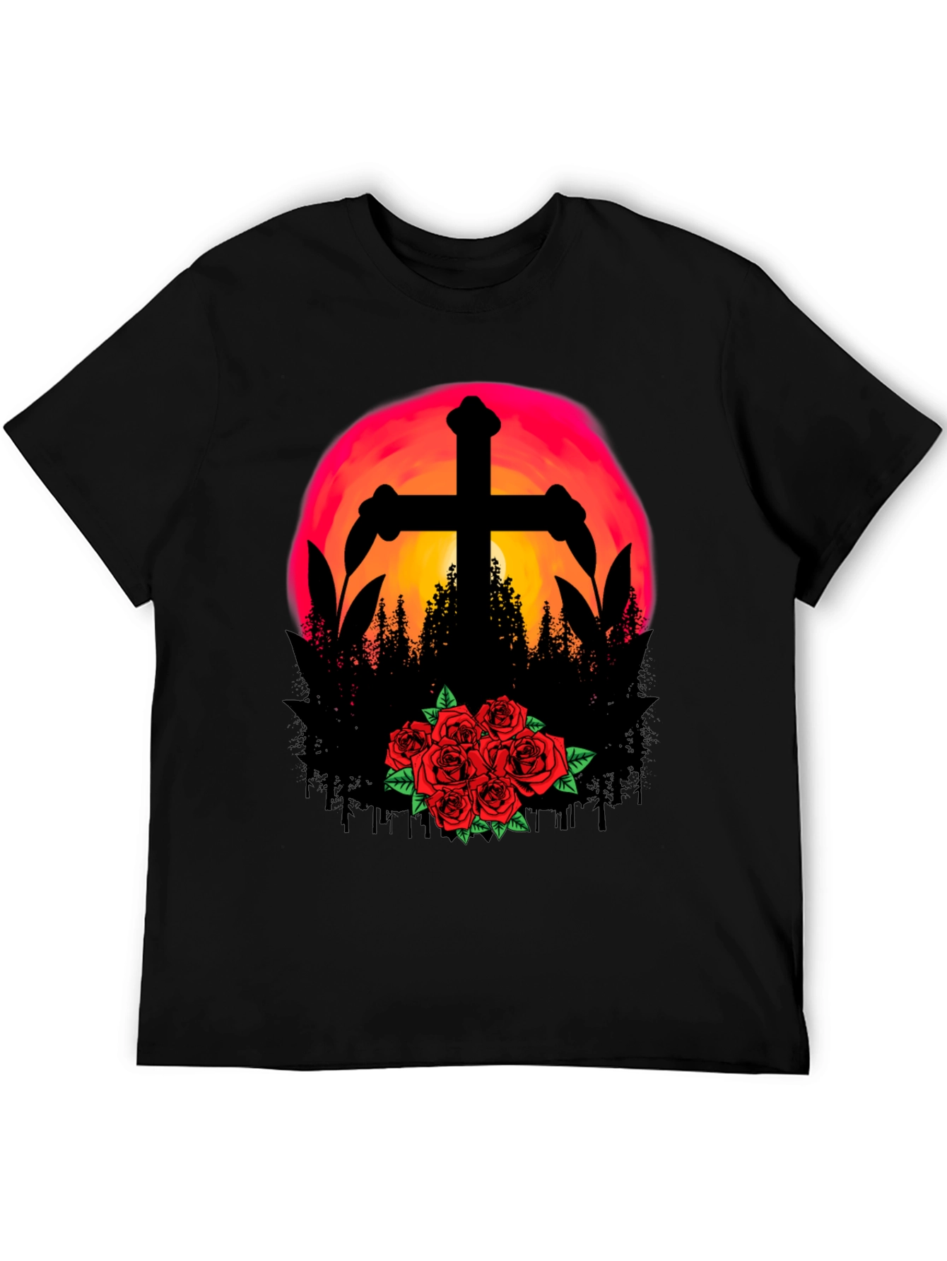 Sunset Cross & Roses Graphic Tee - Black T-Shirt