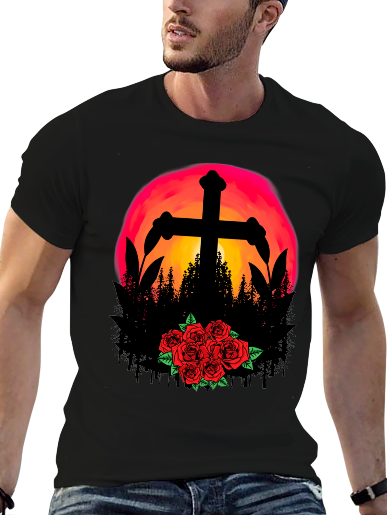 Sunset Cross & Roses Graphic Tee - Black T-Shirt